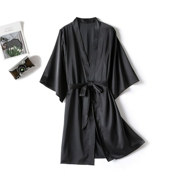CFLVAEK Silk Robes for Women Lightweight Short Kimono Robe with Belt Soft 3/4 Sleeve Sleepwear Elegant Bridesmaids Robes Solid Color Fall Robes Black M