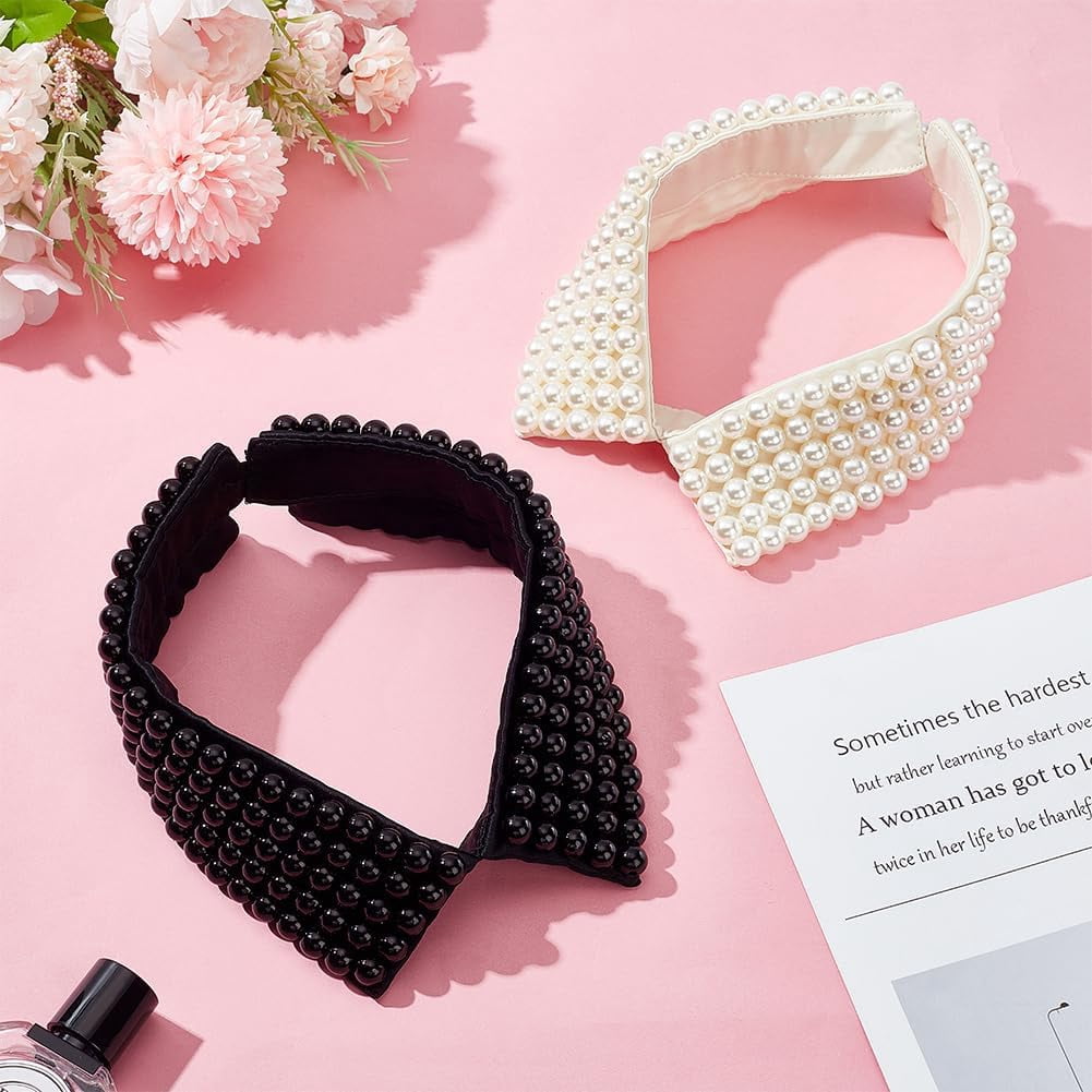 2Pcs 2 Colors Detachable Cloth Lady's Collars Neckline Trim with Plastic Imitation Pearl Beads Mixed Color 422x75x11mm 1pc/color