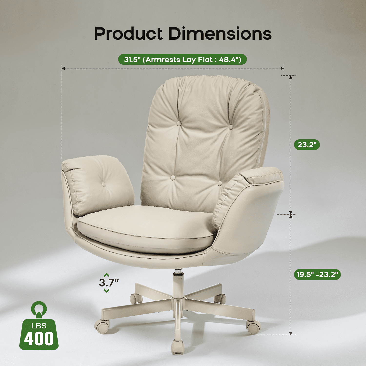 TMV PU Leather Office Chair Criss Cross Chair,Vanity Chair with Armrests & Wheels for Cross-Legged,Adjustable Swivel Desk Chair Wide Rolling Chair for Adults,Cream