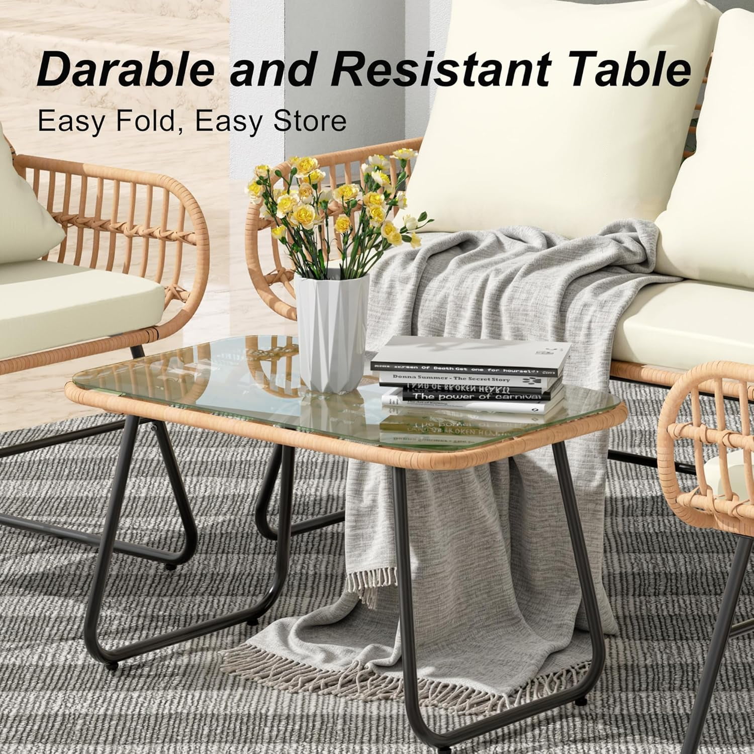 LHBcraft 4-Piece Outdoor Patio Furniture Set - All-Weather Wicker Conversation Set with Cushions & Tempered Glass Table