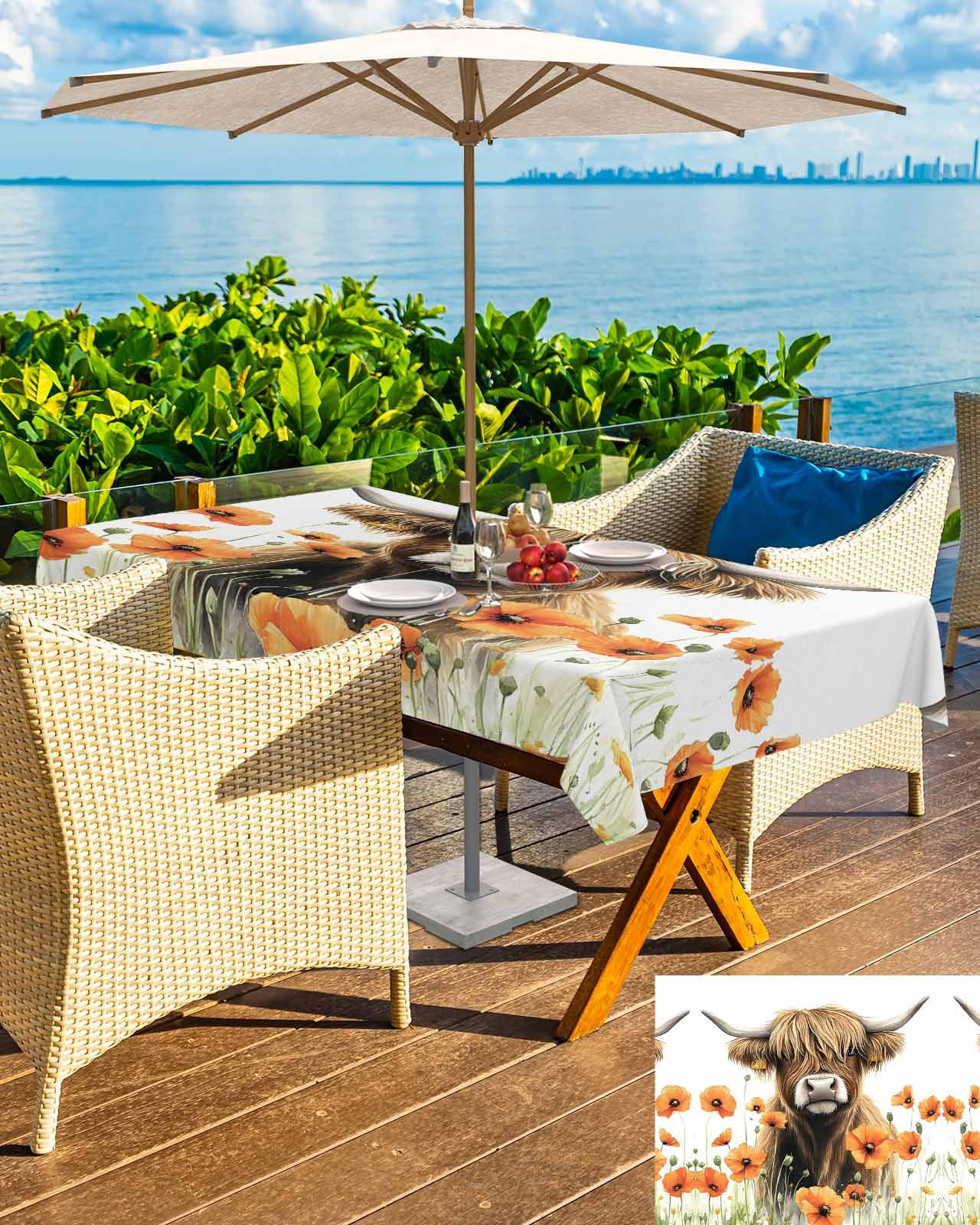Fsddascl Brown Yak Farmhouse Outdoor Tablecloth - 60x102 Inch Rectangle Dining Table Cover, Spring Country Floral Botanical Waterproof Outdoor Table Cloth with Umbrella Hole & Zipper for Patio