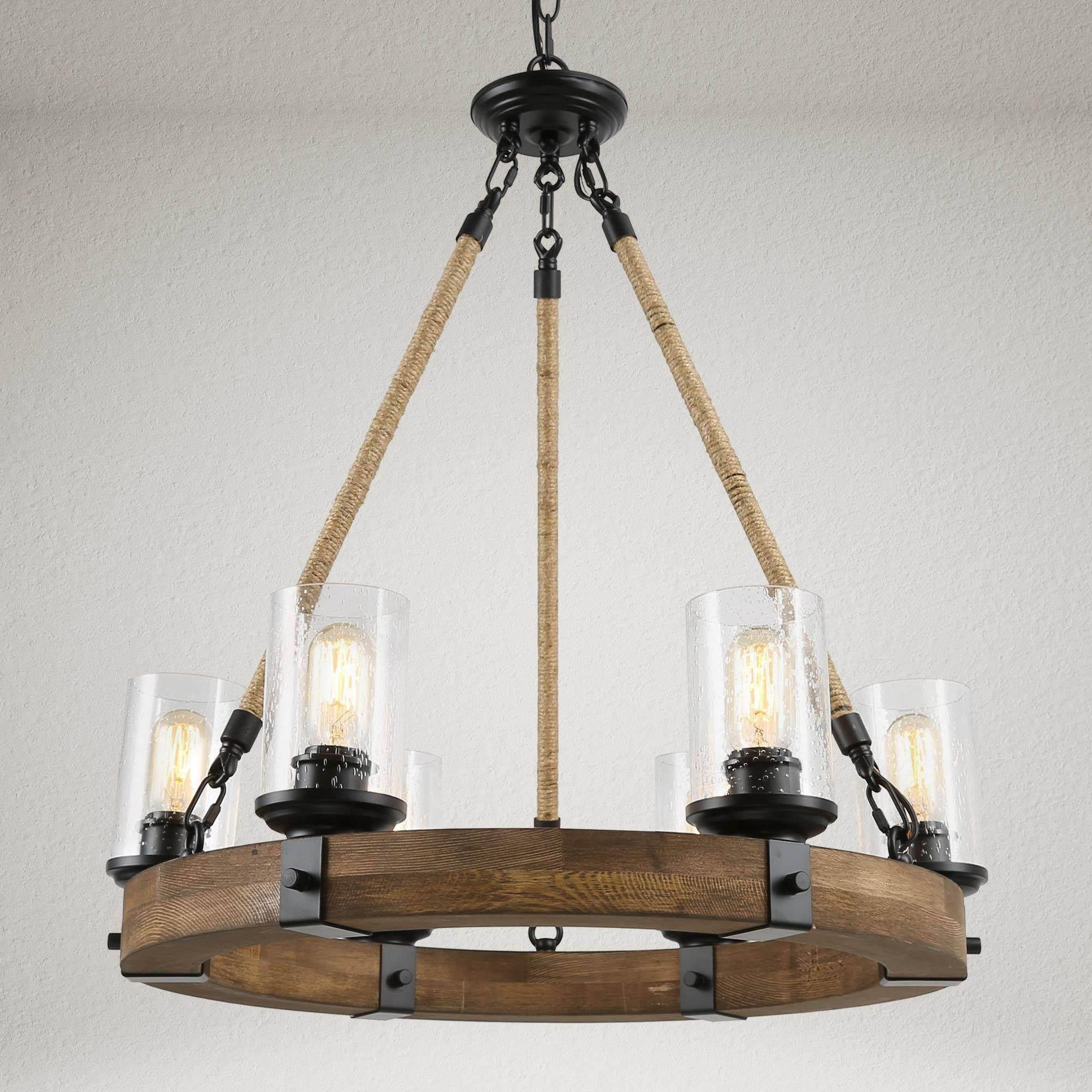 LNC 6-Light Distressed Wood and Black Wagon Wheel Chandelier with Seeded Glass