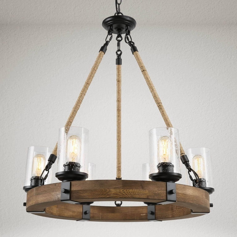 Eumyviv Modern Farmhouse Chandelier - 6-Light Wagon Wheel Design With Frosted Glass, Adjustable Chain, Rustic Dining Room Light