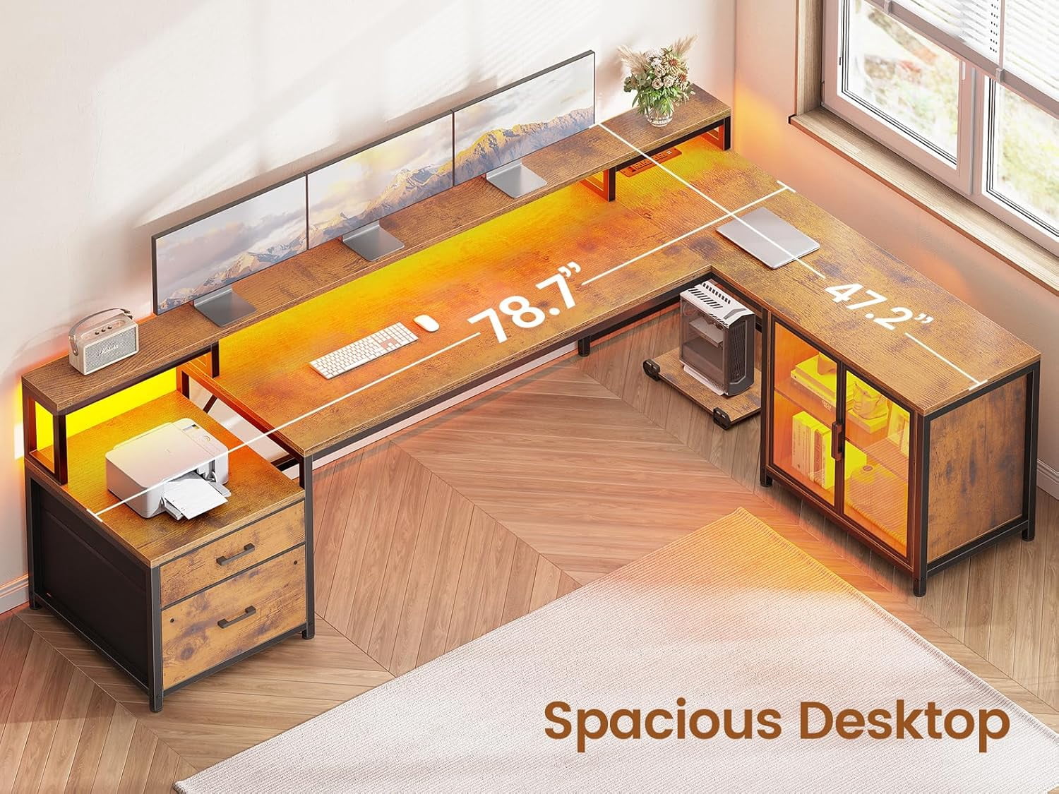 SEDETA L Shaped Desk with Storage, 78 Inch Home Office Desk with Drawers and Cabinets, Corner Computer Desk with Power Outlet & LED Light, Large Computer Desk with Movable CPU Stand, Rustic Brown
