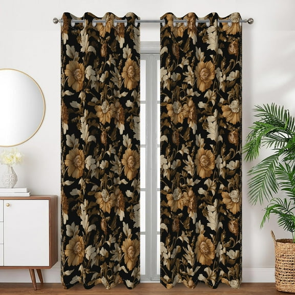SUNOLIFE Vintage Floral Blackout Curtains 2 Panels 63 Inch Black Darkening Window Curtains for Living Room Bedroom