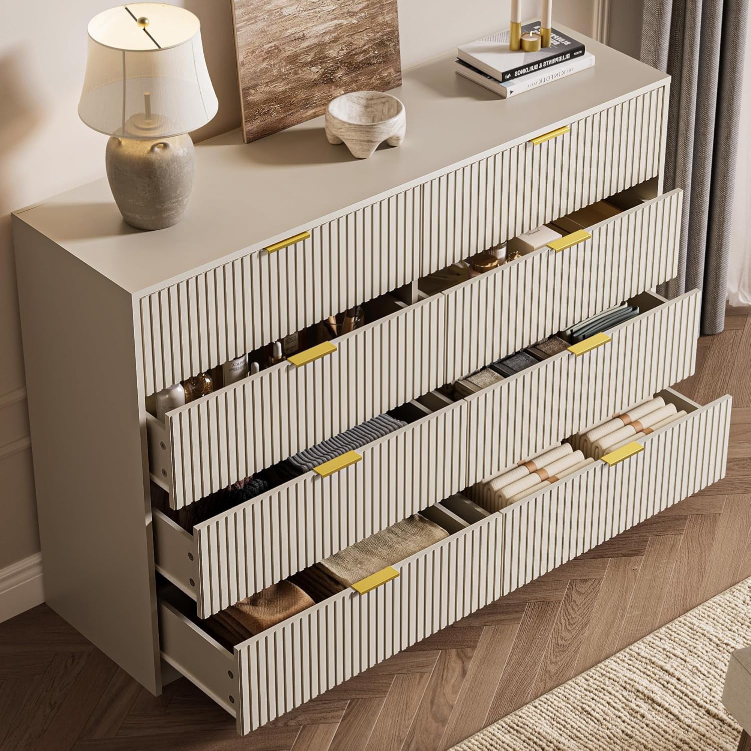 Furniway Beige Dresser for Bedroom, 8 Drawer Double Dresser with Gold Metal Handles, Modern Chest of Drawers for Bedroom, Living Room, Entryway and Closet, Beige