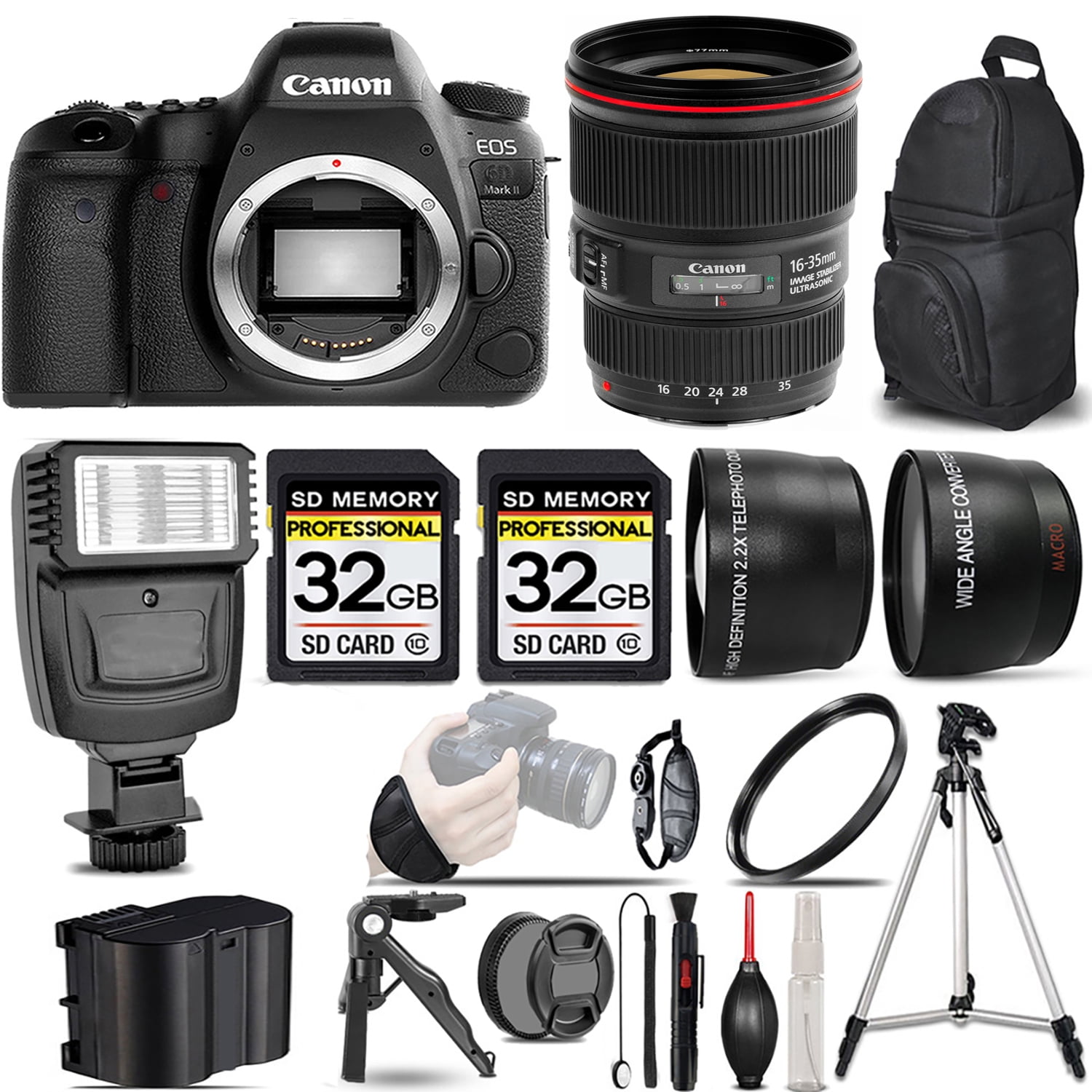 Canon EOS 6D Mark II DSLR Camera +16-35mm f/4L IS USM Lens +Flash 