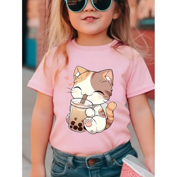 Camiseta de gato bebiendo boba para niña, cuello redondo, manga corta, tejido de punto de algodón, elástica, para verano, de 1 a 8 años.