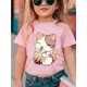 thumbnail image 1 of Camiseta de gato bebiendo boba para niña, cuello redondo, manga corta, tejido de punto de algodón, elástica, para verano, de 1 a 8 años., 1 of 6