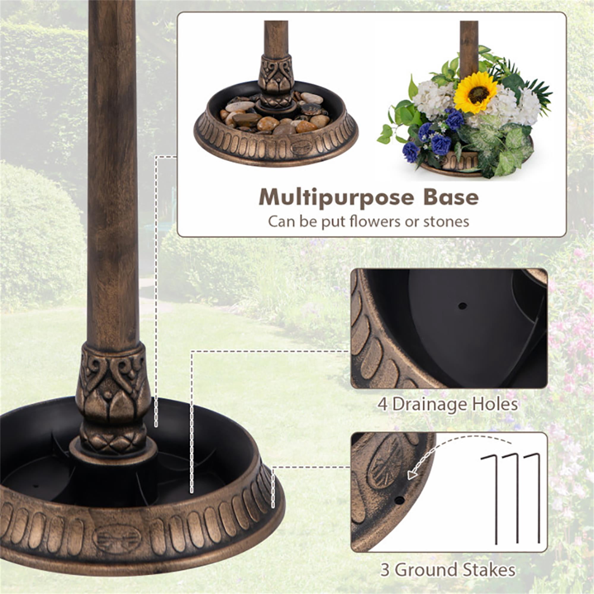 Pefilos 42" Outdoor Pedestal Garden Bird Bath with Solar Light, Bird Feeder and Flower Planter, Bronze Brown