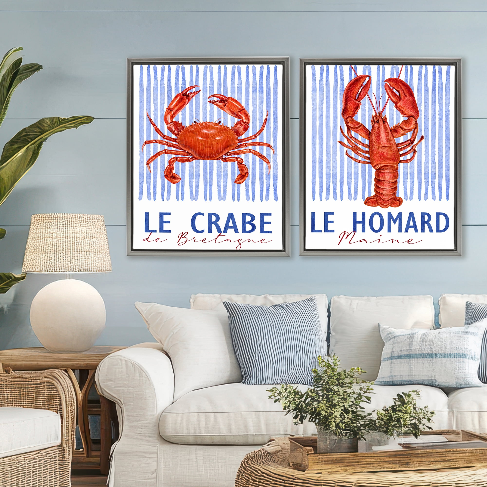 Stupell Industries Nautical Stripes Sea Creatures 2 Piece Gray Framed Floater Canvas Set, design by Kim Allen