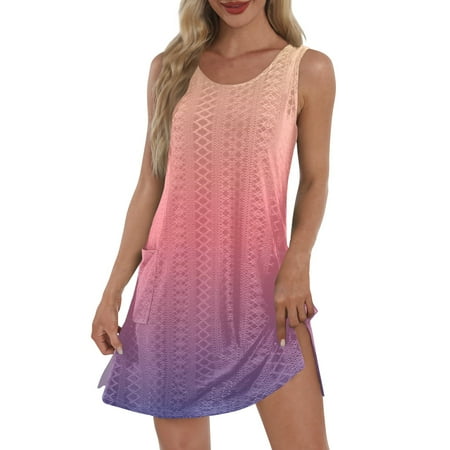 UoCefik Womens Swimsuit Coverup Hollow Out Bathing Suit Cover Up Sleeveless Bikini Beach Cover Up Tank Dress with Pockets Pink L