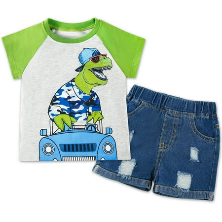 

Clearance Toddler Baby Boys Summer Beach Outfits Dinosaur Tops T-Shirt + Jeans Short Pants