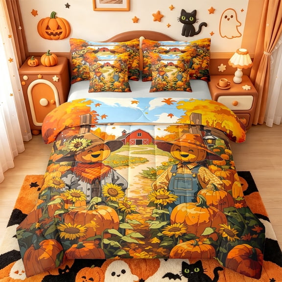 Manfei Classic Halloween Pumpkin Lantern 7-Piece Twin Bedding,Cobweb Print Bedding Comforter Set,Light Gray Reversible