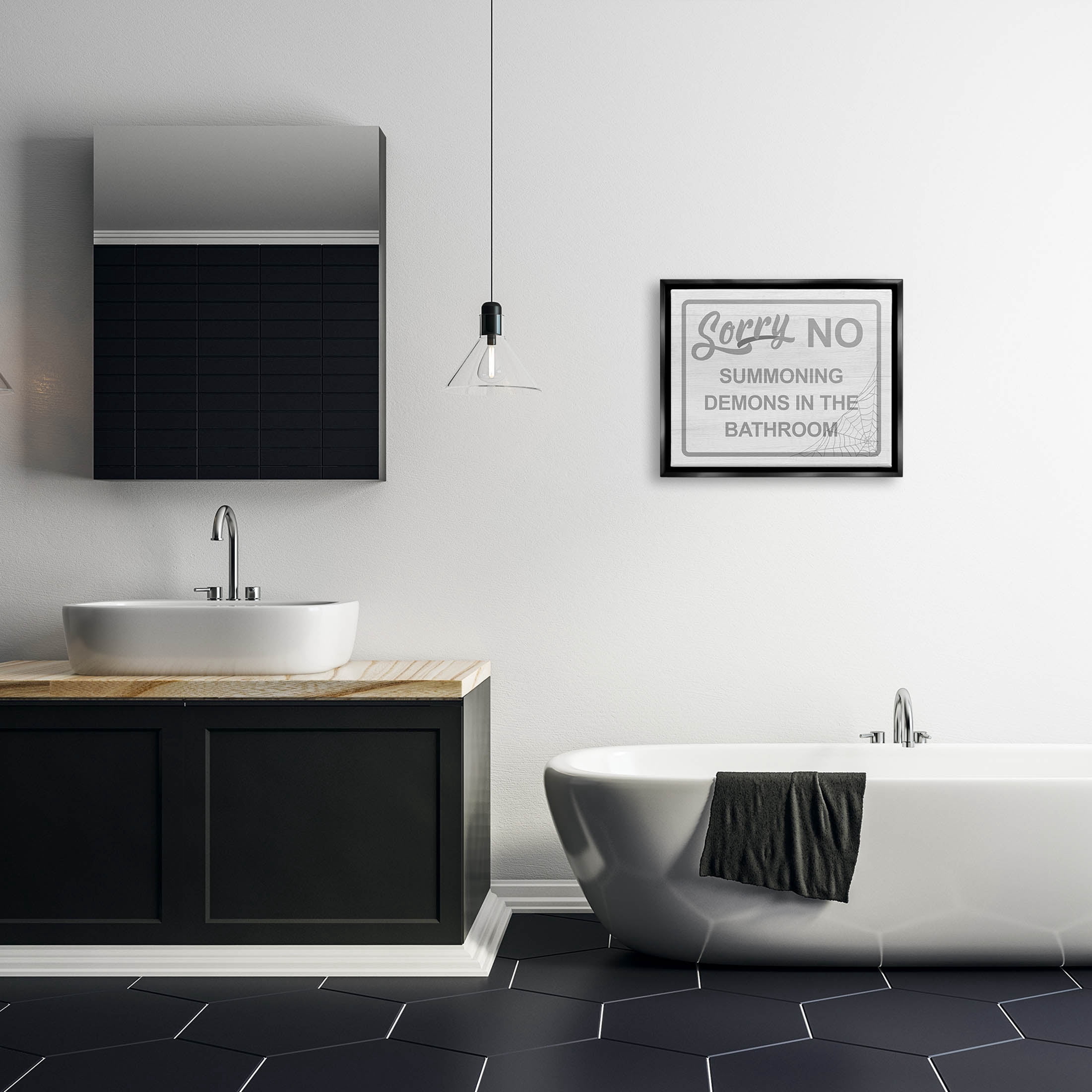 Stupell Industries No Summoning Demons Bathroom Graphic Art Jet Black Floating Framed Canvas Print Wall Art, Design by Lil' Rue