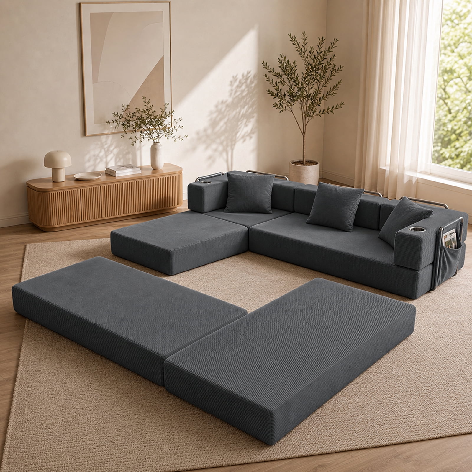 Garitin Sectional Sofa and Modular L Shape Cloud Couch 108 Inch, Boneless Deep Seat Corduroy Living Room Furniture, Gray