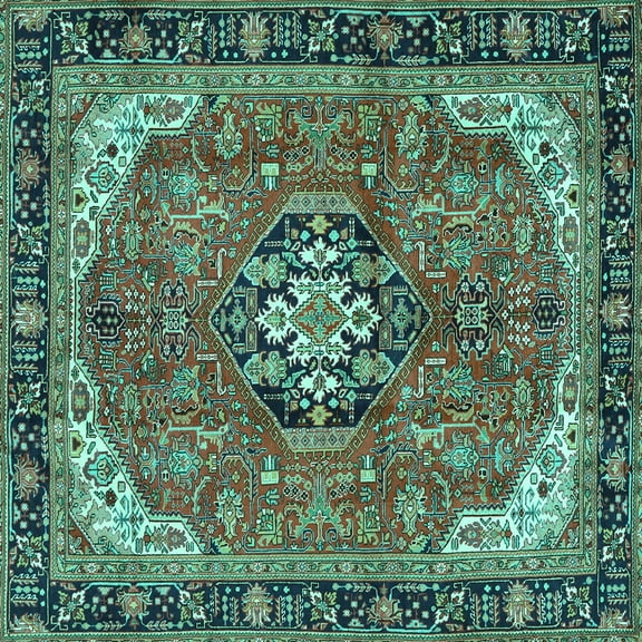 Ahgly Company Machine Washable Indoor Square Medallion Turquoise Blue Traditional Area Rugs, 4' Square