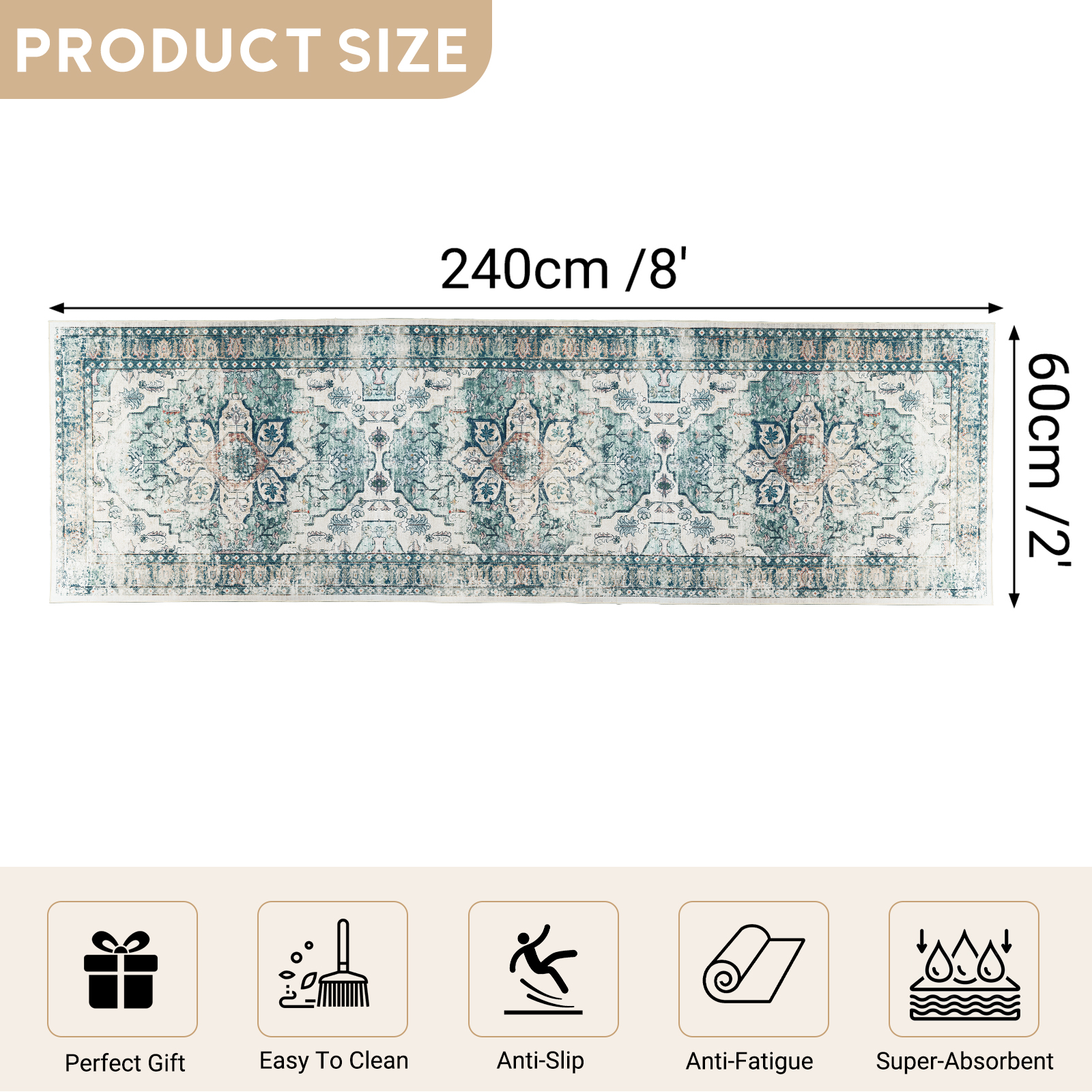 2'x8' Vintage Area Rugs,Soft Washable Distressed Thin Rugs for Kitchen Bedroom,Non-Slip Foldable Indoor Carpet,Dark Green