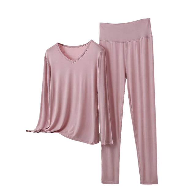 Conjunto de Ropa Interior Larga de Mujer con Cuello en V Lencería de Manga Larga Conjunto de Ropa de Dormir, Pijamas Cómodos Y Suaves para Relajación Casual en el Hogar