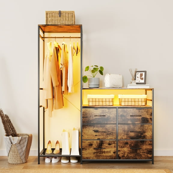 Puredashio Clothes Rack with LED Lights, 6-Drawer Freestanding Garment Rack with Shelves, Dresser with Hanging Rack, Entryway Organizer, Rustic Brown.