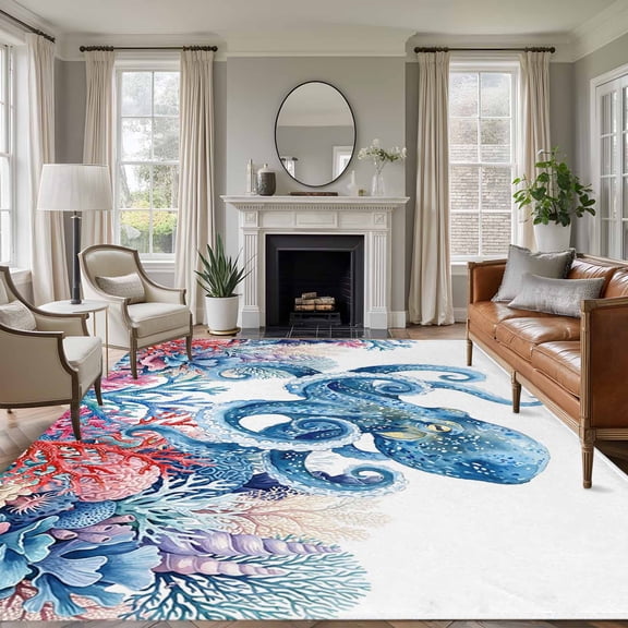 Ocean Octopus Area Rugs 5'x8', Washable Small Throw Rugs for Classroom Bedroom, Coastal Underwater Animal Coral Watercolor Indoor Outdoor Rug Non-Slip Low Pile Carpet Runner Reversible Floor Mats