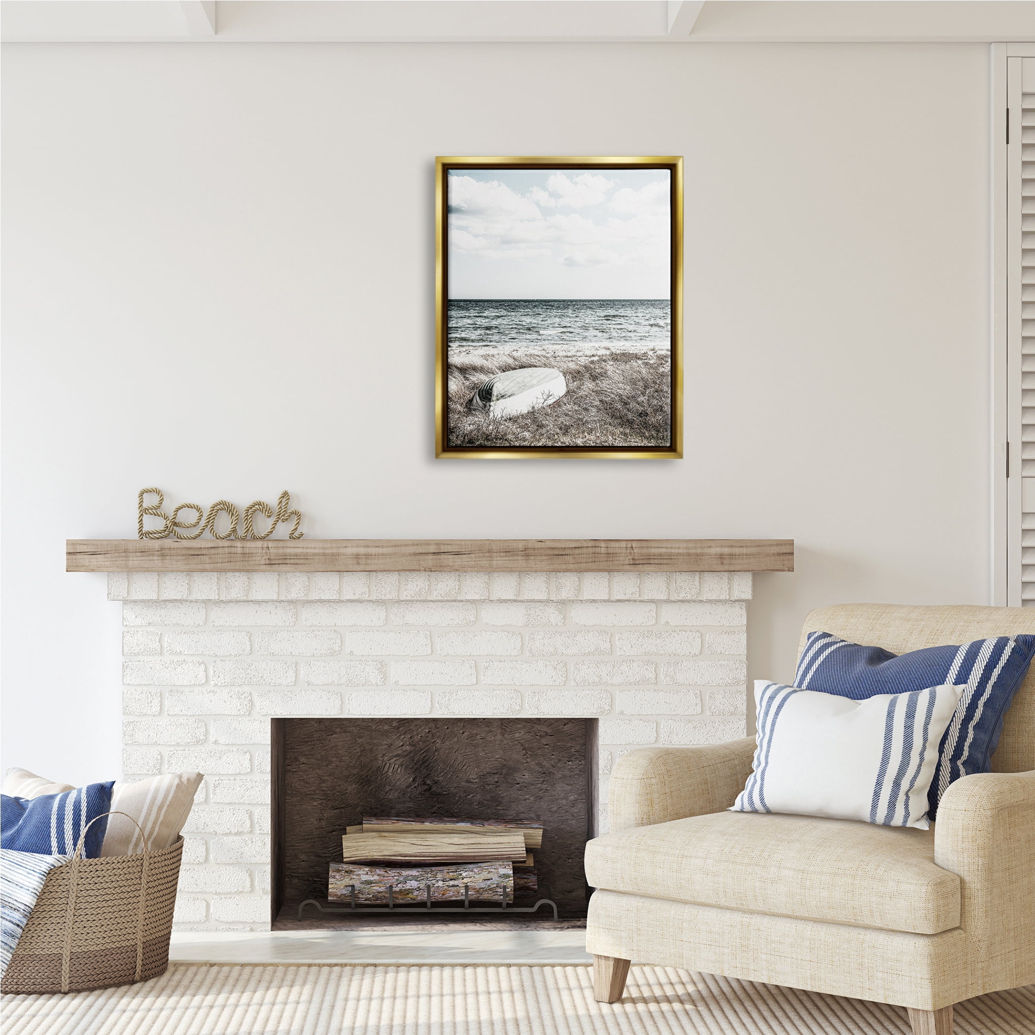 Stupell Industries Boat on Beach Coast Nature Photography Gold Floater Framed Art Print Wall Art, 25 x 31
