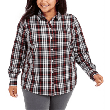 Charter Club Women's Plus Ilanna Cotton Plaid Button up Shirt Black Size XL