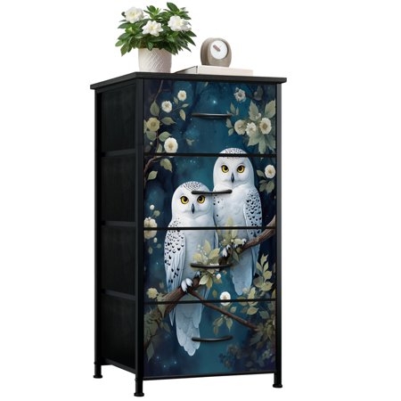 Dresser for Bedroom with 4 Storage Drawers Snowy Owl Pair Perched Branch Floral Night Sky Dressers Chest of Drawers Steel Framed Fabric Closet Organizers for Entryway