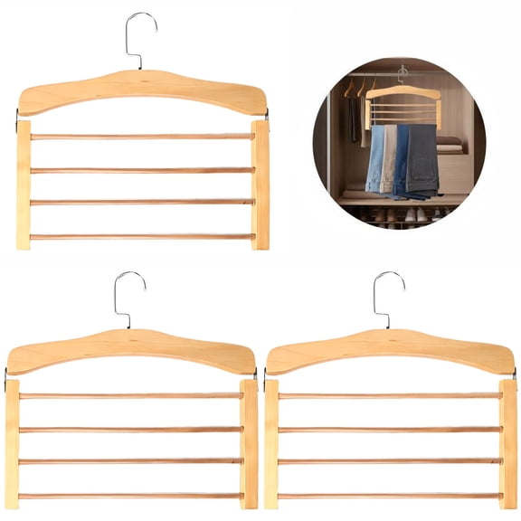 3 Pack Pants Hangers 4 Tier Wooden Trouser Hangers Multifunctional Clothes Storage Organiser with Non Slip Bars, Space Saving Clothes Hanger for Closet