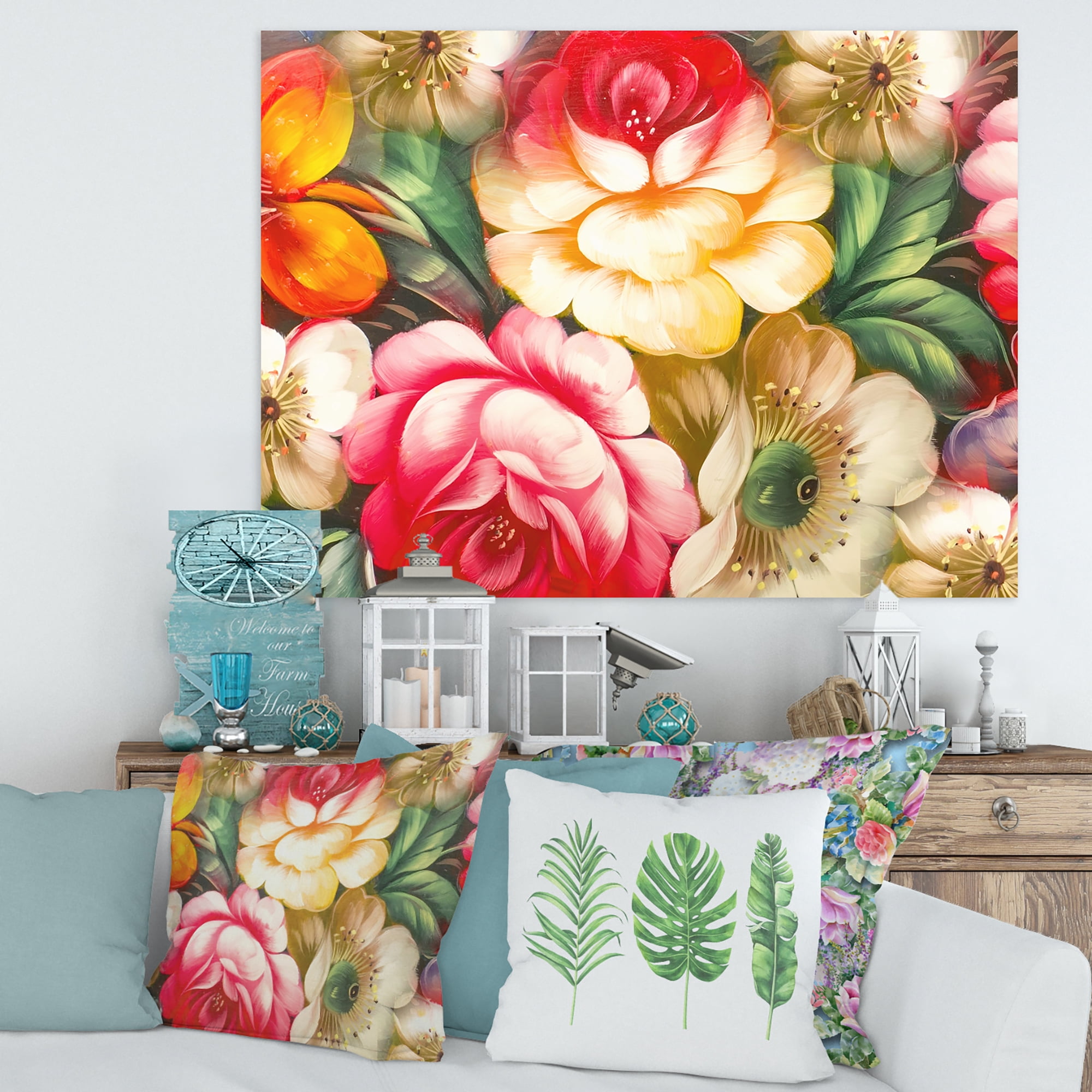 Designart ' Red and Yellow VIntage Flowers ' Traditional Canvas Wall Art Print