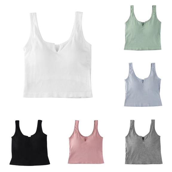 Xijirk Women Ribbed Crop Tank Top Built In Padded Notch V Neck Wide Strap Seamless Slim Fit Camisole for Casual Daily Street Wear,White,One Size
