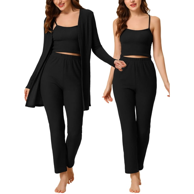 Pijama de punto para mujer Ropa de dormir casual Pantalones Shrug Cardigan 3ps Lounge Set Medium Black