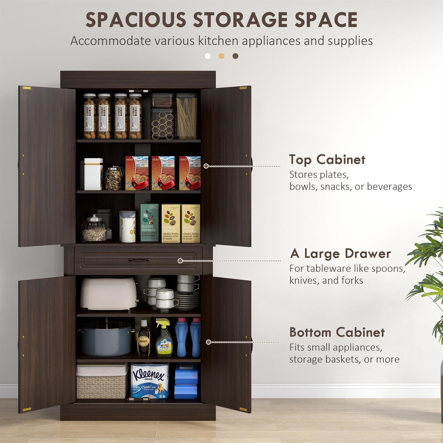 Demi Bonn 71" Height Kitchen Storage Cabinet with 4 Doors & 2 Large Cabinets for Organizing, Spacious Storage & Convenience, Brown