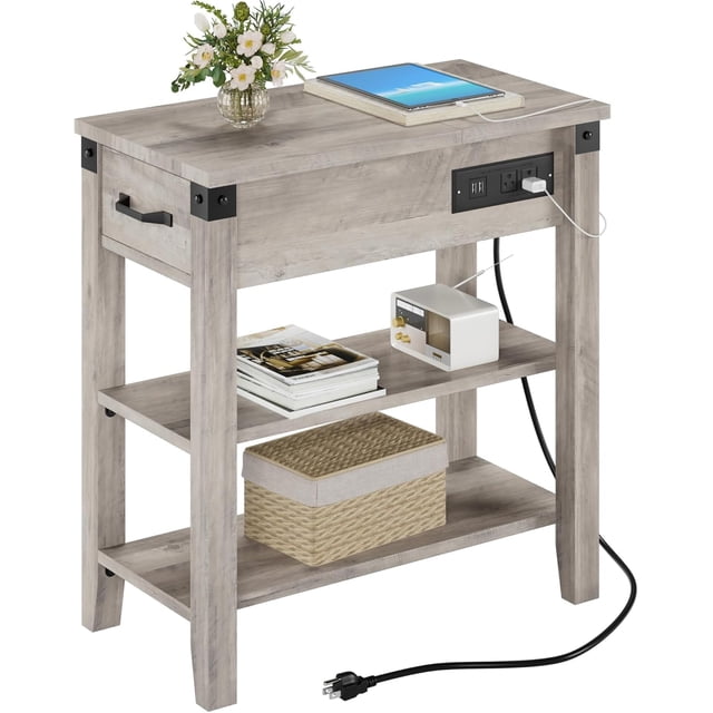 Bingirl Table d'Appoint Rustique Gris : Dessus Rabattable avec Ports USB, Prises, Tiroir et Étagères de Rangement pour Salon