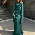 thumbnail image 2 of Alkepwun Satin Dress for Women 3/4 Bell Sleeve Round-Neck Sheen Maxi Dress Solid Fitted High-Waist Pleated Evening Gown, 2 of 6