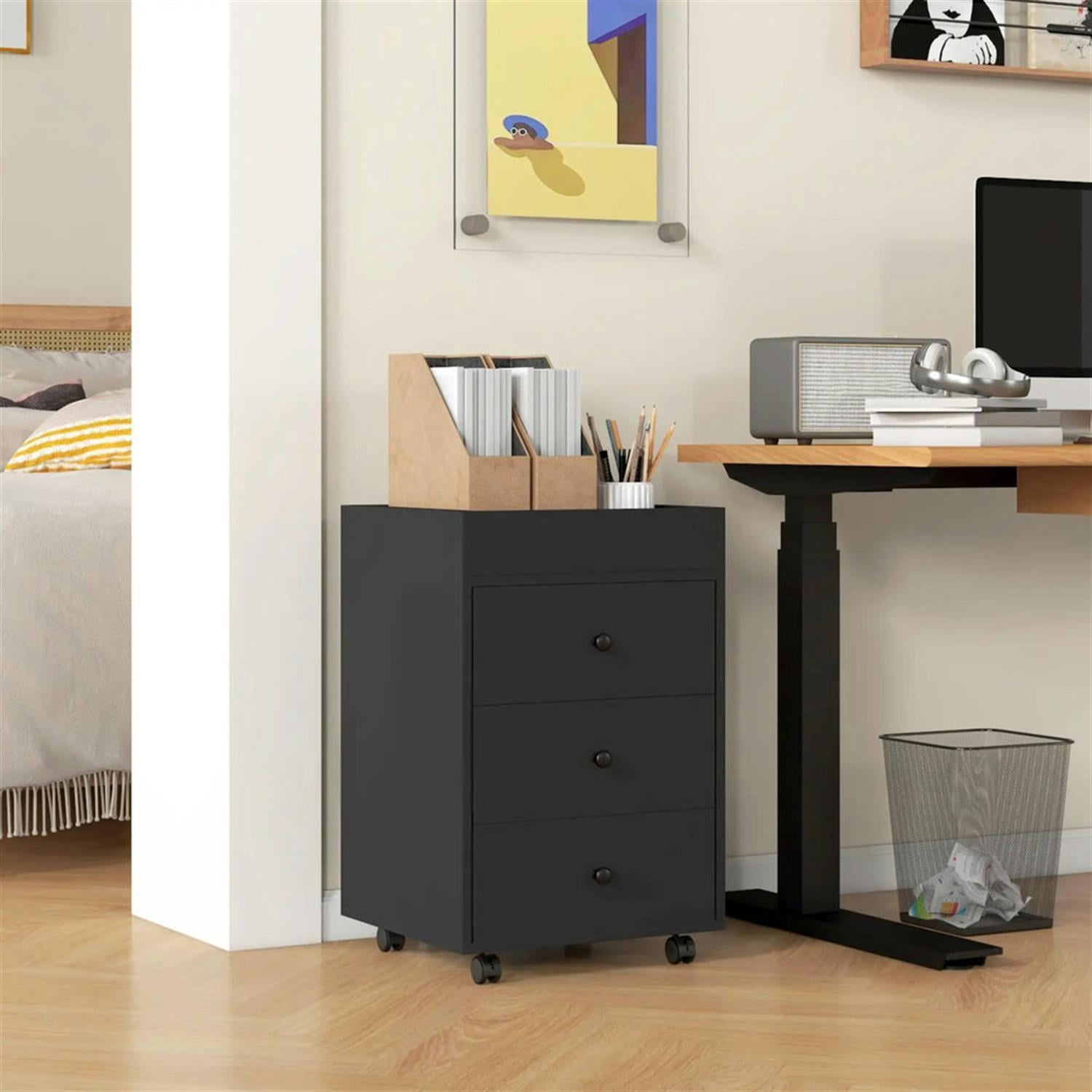 Demi Bonn Rolling Filing Cabinet with Castors, Modern 3 Drawer File Cabinet with Top Tray Under for Home Office, Desk Printer Stand, Black