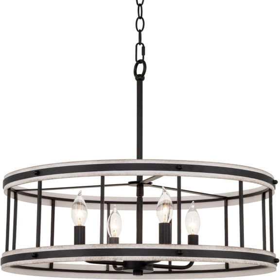 21" 4-Light Farmhouse Pendant Drum Chandelier, White Ash Wood Style   Black Finish