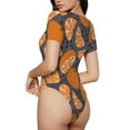 thumbnail image 3 of KLL Women 's Crew Neck Bodysuit Jumpsuits Various Oranges Print Short onesies Stretch T Shirts, 3 of 7