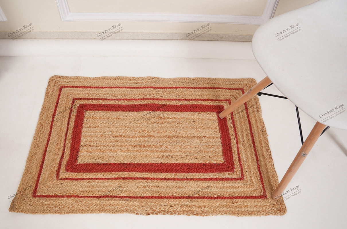 Rectangle Rug Natural Jute Rug Hand Braided Beige and Red Color Scalloped Area Rug