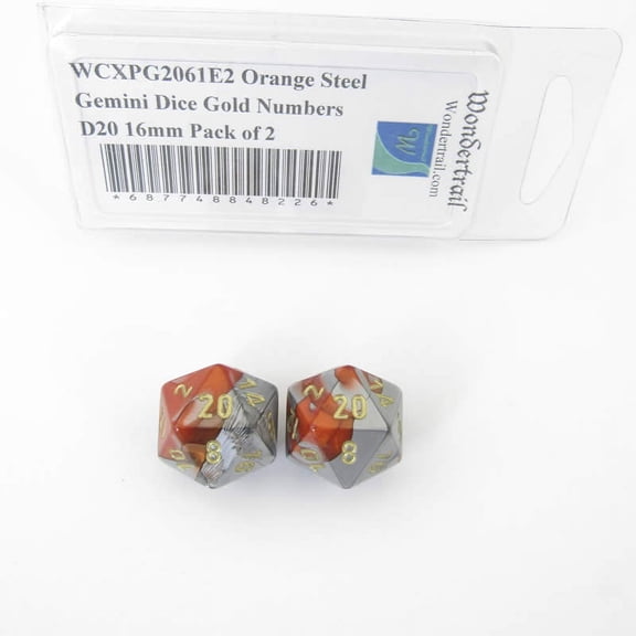 Orange and Steel Gemini Dice with Gold Numbers D20 Aprox 16mm (5/8in) Pack of 2 Wondertrail
