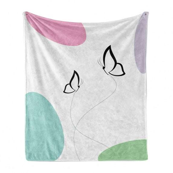 Butterfly Soft Flannel Fleece Throw Blanket, Cheerful Spring Composition with Butterflies and Colorful Blots, Cozy Plush for Indoor and Outdoor Use, 50" x 70", Pink Lilac Green, by Ambesonne