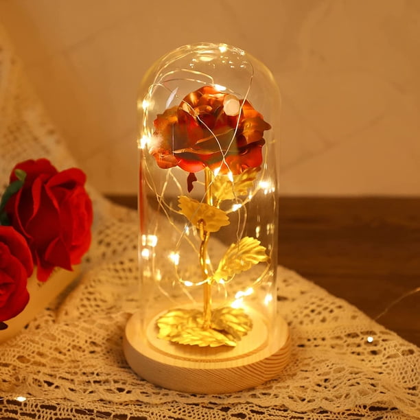 Rosa de 24 Quilates Regalo de San Valentín JanHm Rosa Eterna Galaxia en Cúpula de Cristal Con Tira de Luz LED