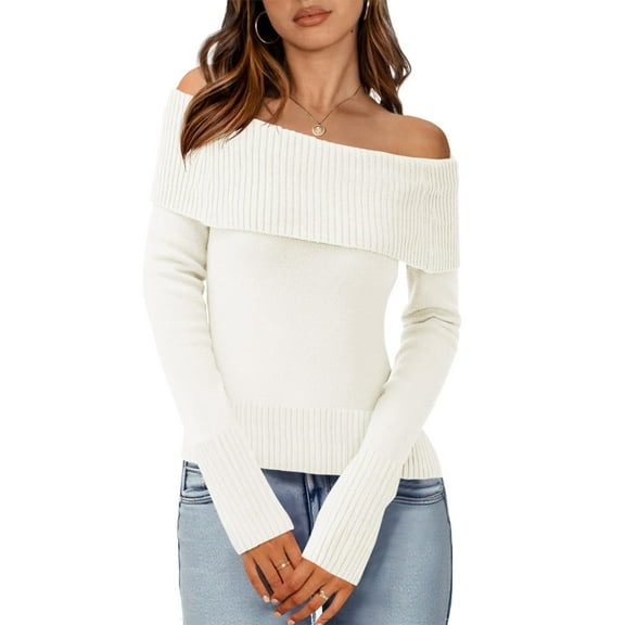 Womens Off The Shoulder Sweaters Casual Long Sleeve Ribbed Knit Slim Fit Y2K Going Out Pullover Tops