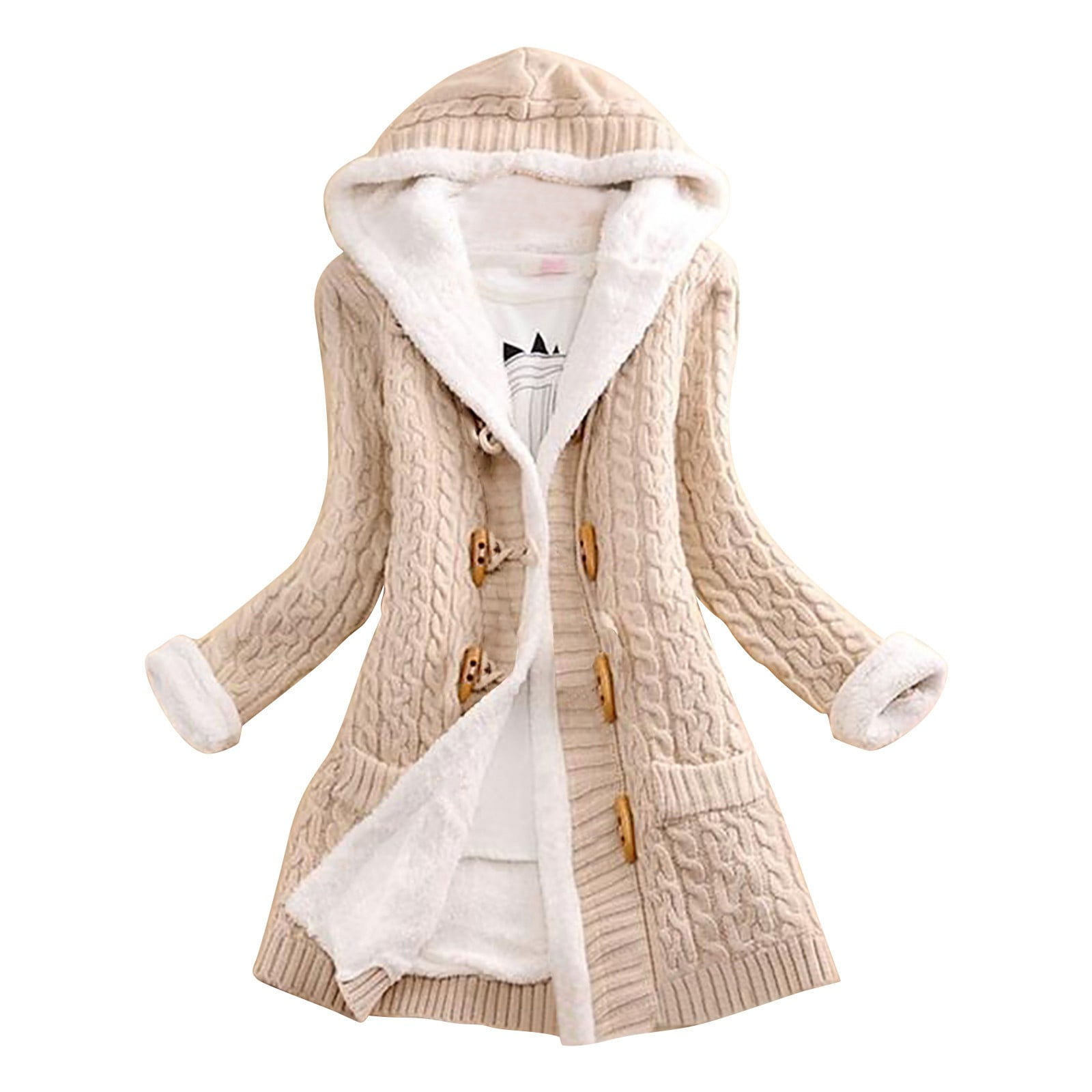 Women Casual Knit Button Long Sleeve Thick Warm Hooded Cardigan Coat Silk Cardigan Sweater Cardigan Sweaters for Women Petite Sweaters for Women Cardigan Womens Oversized Open Front Hooded Draped Walm...