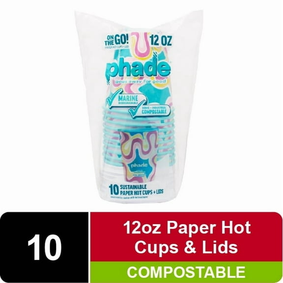 Phade Marine Biodegradable and Compostable Paper Hot Cups with Lids, 12 oz, Squiggle Multi Color, 10 Count