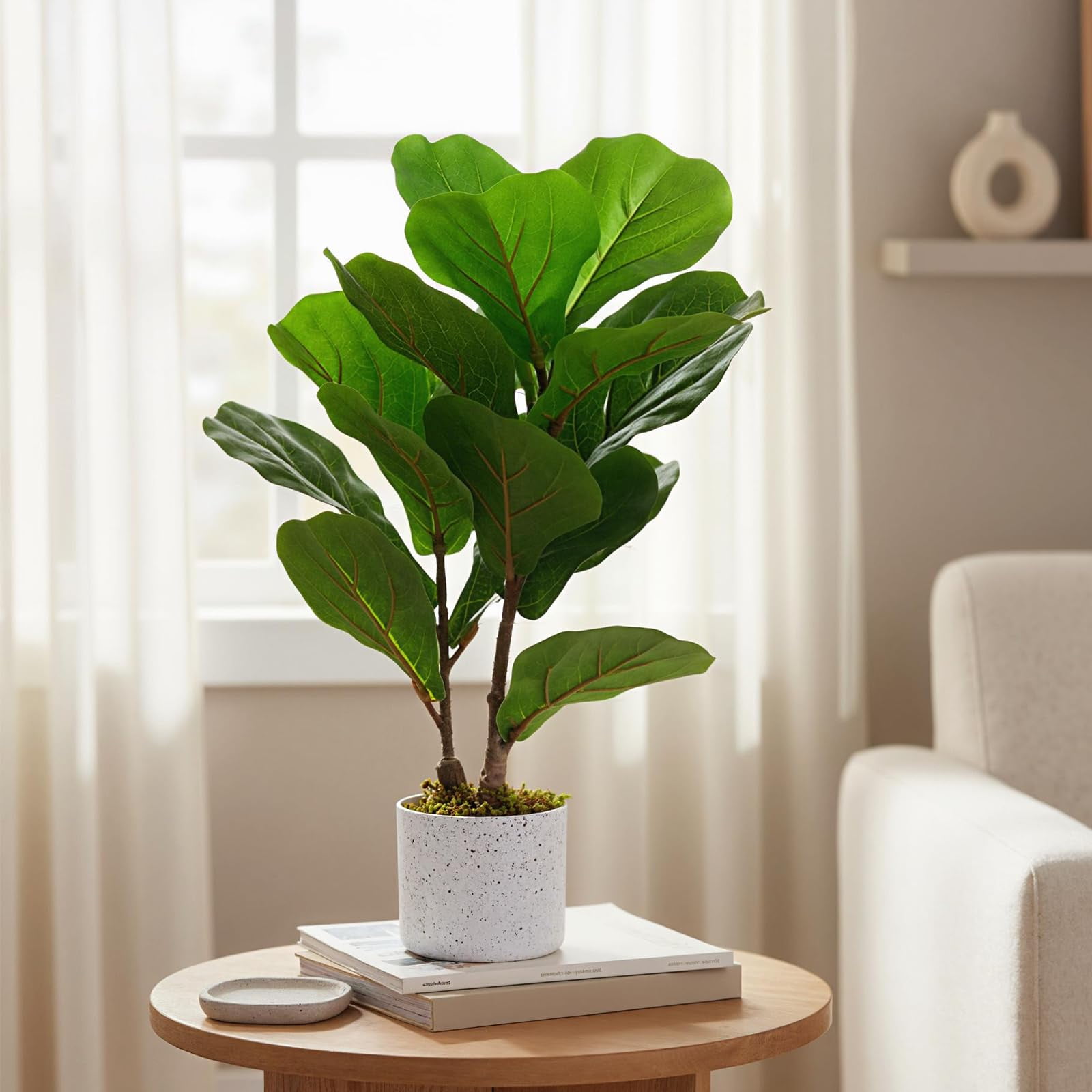 QinaQin 15.7" Faux Fiddle Leaf Fig Tree Indoor, 2 Pack Artificial Potted Ficus Trees with White Pots and Cement Moss Base, Small Fake Potted Ficus Plants with Realistic Leaves for Home Office Decor