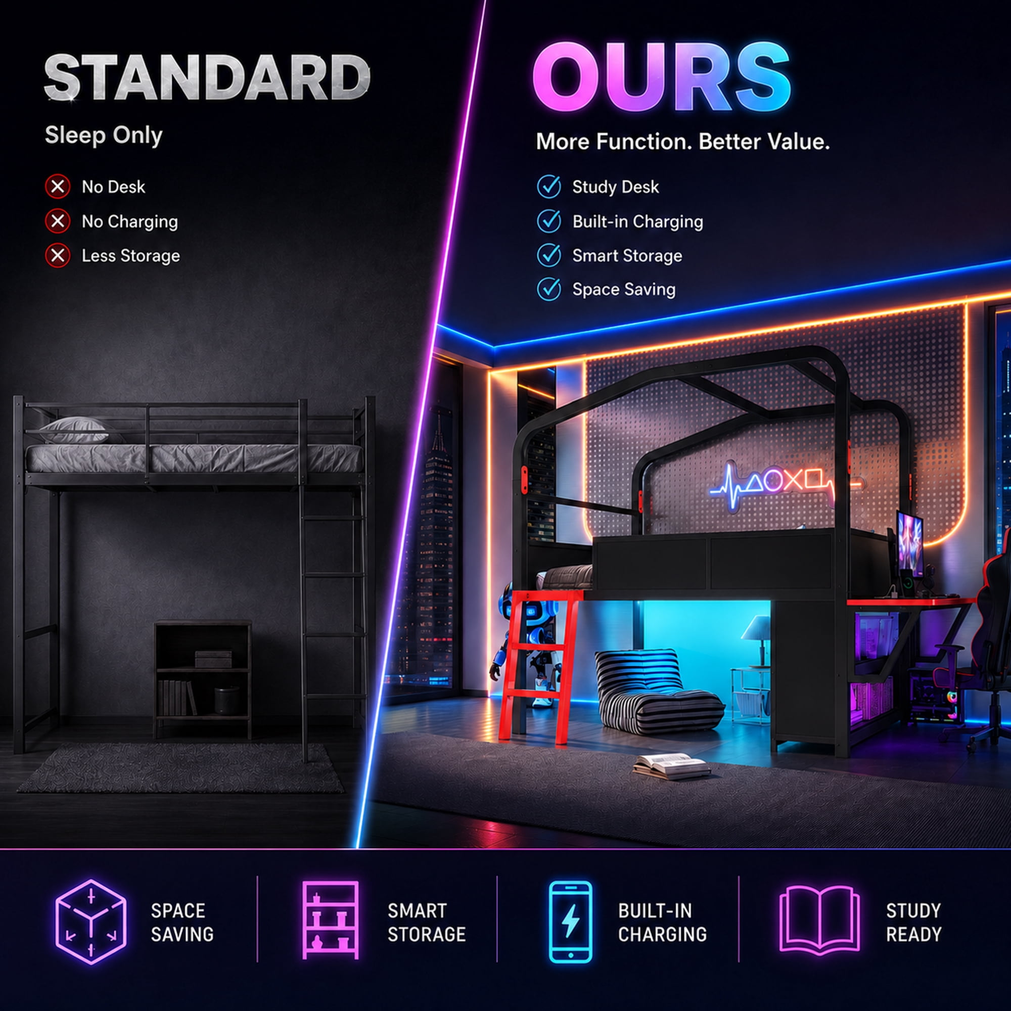 Leumius Full Size Low Loft Bed with Side Desk and Usb Ports, Gaming Style Metal Loft Bed with Led Lights, Storage Cabinets and Chic Canopy Design for Bedroom Guests Black