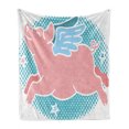 thumbnail image 1 of Blue and Pink Soft Flannel Fleece Throw Blanket, Happy Flying Pig with Wings on Retro Style Dotted Oval, Cozy Plush for Indoor and Outdoor Use, 70" x 90", Pale Sky Blue Pale Pink, by Ambesonne, 1 of 5