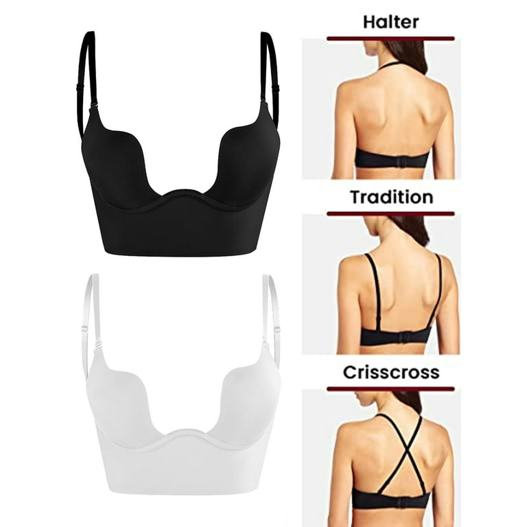 Womens Low Back Bra Wire Lifting Deep U Shaped Plunge Backless Bra with  Convertible Strap Multiway for Low Back Dress