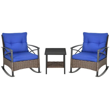 Resenkos 3-Piece Patio Set, Outdoor Wicker Bistro with Oversize Rockers & Coffee Table, Garden Porch Backyard Comfort,Blue